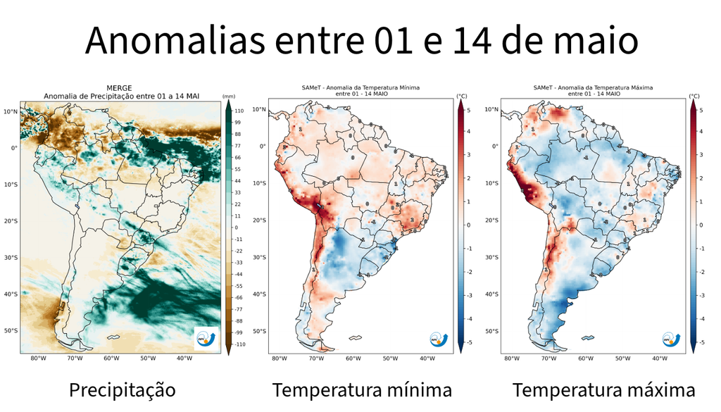 Anomalia de precipitação, temperatura mínima e máxima entre 1 e 14 de maio de 2026. Créditos: Elaborado por Meteored/Fonte: CPTEC/INPE.