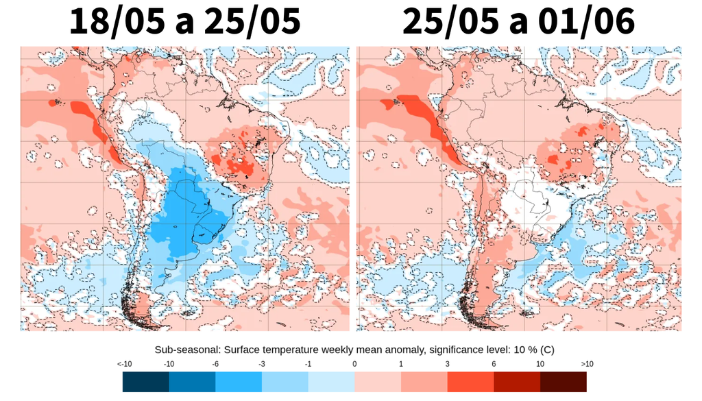 Previsão de anomalia semanal de temperatura para a segunda quinzena de maio, segundo o ECMWF. Créditos: Elaborado por Meteored/Fonte: ECMWF.
