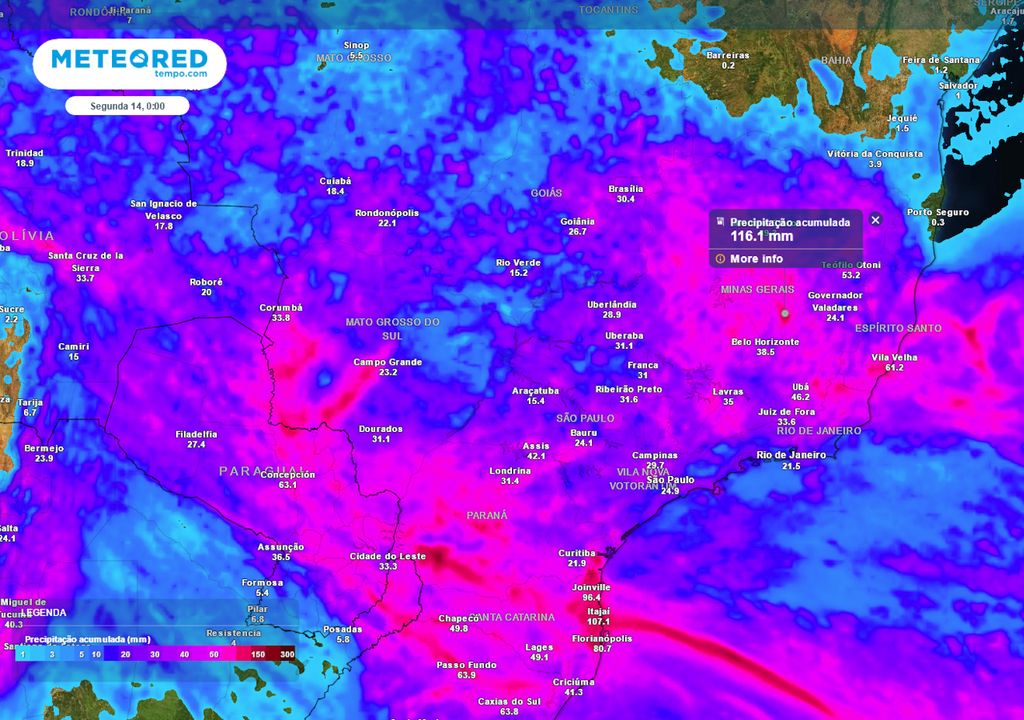 Previsão de acumulados totais de chuva até o domingo.