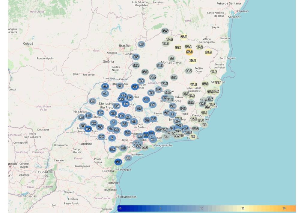 Temperaturas mínimas observadas na região Sudeste na manhã desta terça-feira (12) nas estações do INMET. Créditos: INMET. Temperaturas mínimas observadas na região Sudeste na manhã desta terça-feira (12) nas estações do INMET. Créditos: INMET.