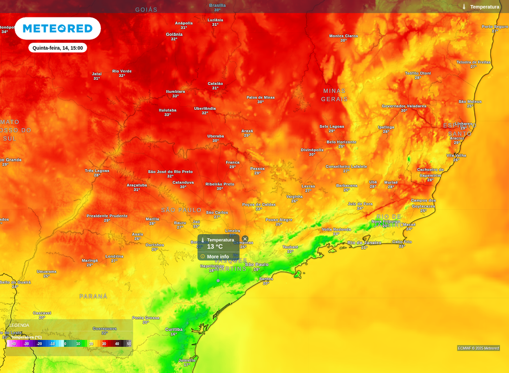 Previsão de temperatura máxima nesta quarta-feira (13), de acordo com o ECMWF. Previsão de temperatura máxima nesta quarta-feira (13), de acordo com o ECMWF.