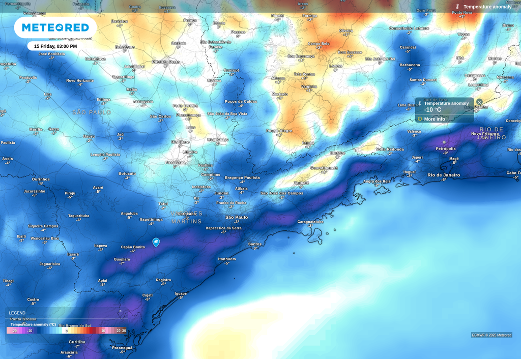 Previsão de anomalia de temperatura máxima nesta sexta-feira (15), de acordo com o ECMWF. Previsão de anomalia de temperatura máxima nesta sexta-feira (15), de acordo com o ECMWF.