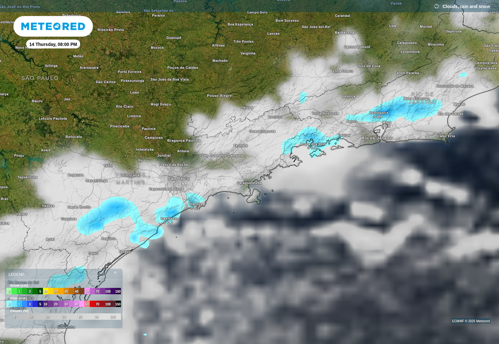 Previsão de nebulosidade e chuva nesta quinta-feira (14), de acordo com o ECMWF. Previsão de nebulosidade e chuva nesta quinta-feira (14), de acordo com o ECMWF.