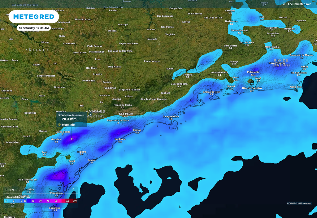 Previsão de chuva acumulada até sábado (16), de acordo com o ECMWF. Previsão de chuva acumulada até sábado (16), de acordo com o ECMWF.