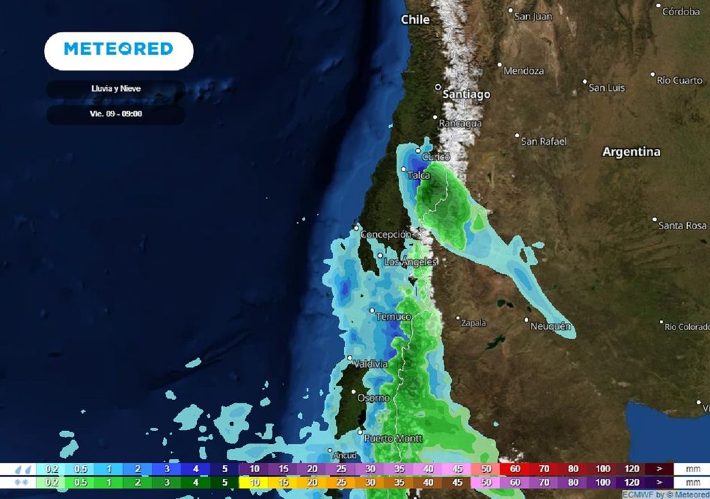 predicción modelo ECMWF; lluvia y nieve