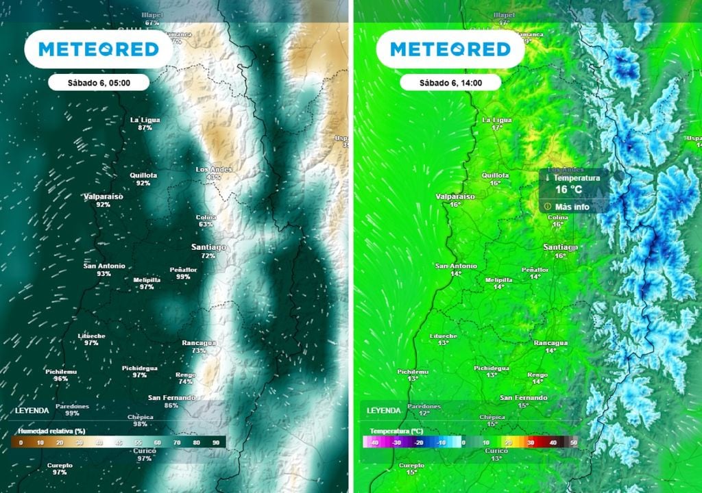 mapas de humedad y temperatura En la mañana del sábado, tendremos alta humedad relativa en Santiago, lo que hará caer la sensación térmica y en la tarde, la máxima apenas subirá a 16 grados.