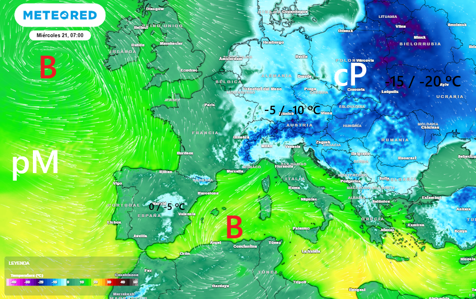 Temperaturas previstas a 2 m para el miércoles 21 de enero de 2026 a las 06 UTC con valores aproximados y orientativos en tres grandes zonas de Europa. Tiempo.com
