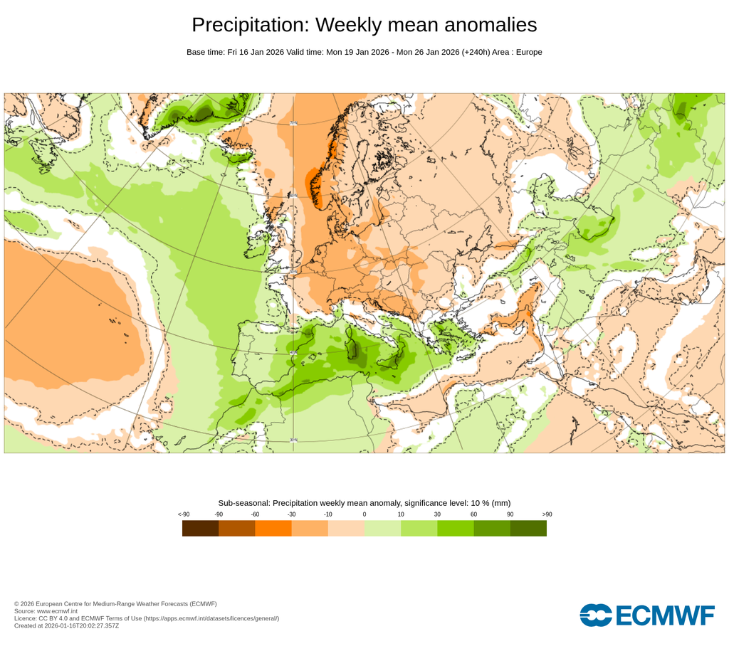 Anomalías semanales de precipitación para el mismo periodo: en escala de verdes para anomalías positivas de precipitación y naranjas para negativas o secas. ECMWF