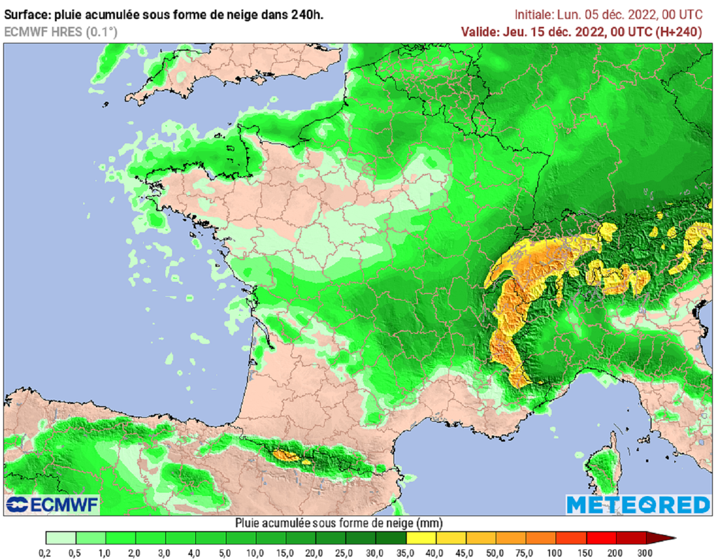 Scénario du modèle ECMWF envisageant un épisode neigeux marqué jusqu'en plaine dans le centre-est (via tameteo). Scénario du modèle ECMWF envisageant un épisode neigeux marqué jusqu'en plaine dans le centre-est (via tameteo).
