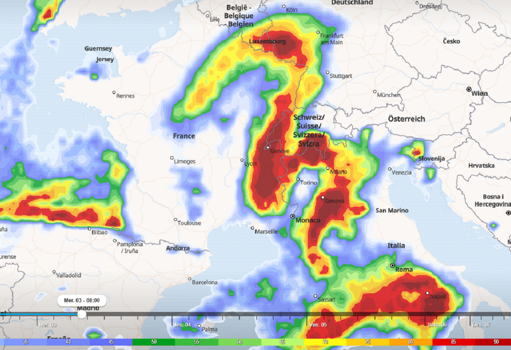Probabilités de pluies et de neige pour mercredi matin (via tameteo) Probabilités de pluies et de neige pour mercredi matin (via tameteo)