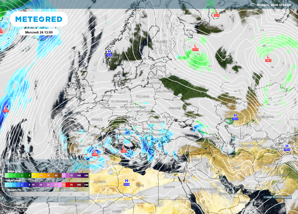 Isobares et précipitations 24 décembre Europe