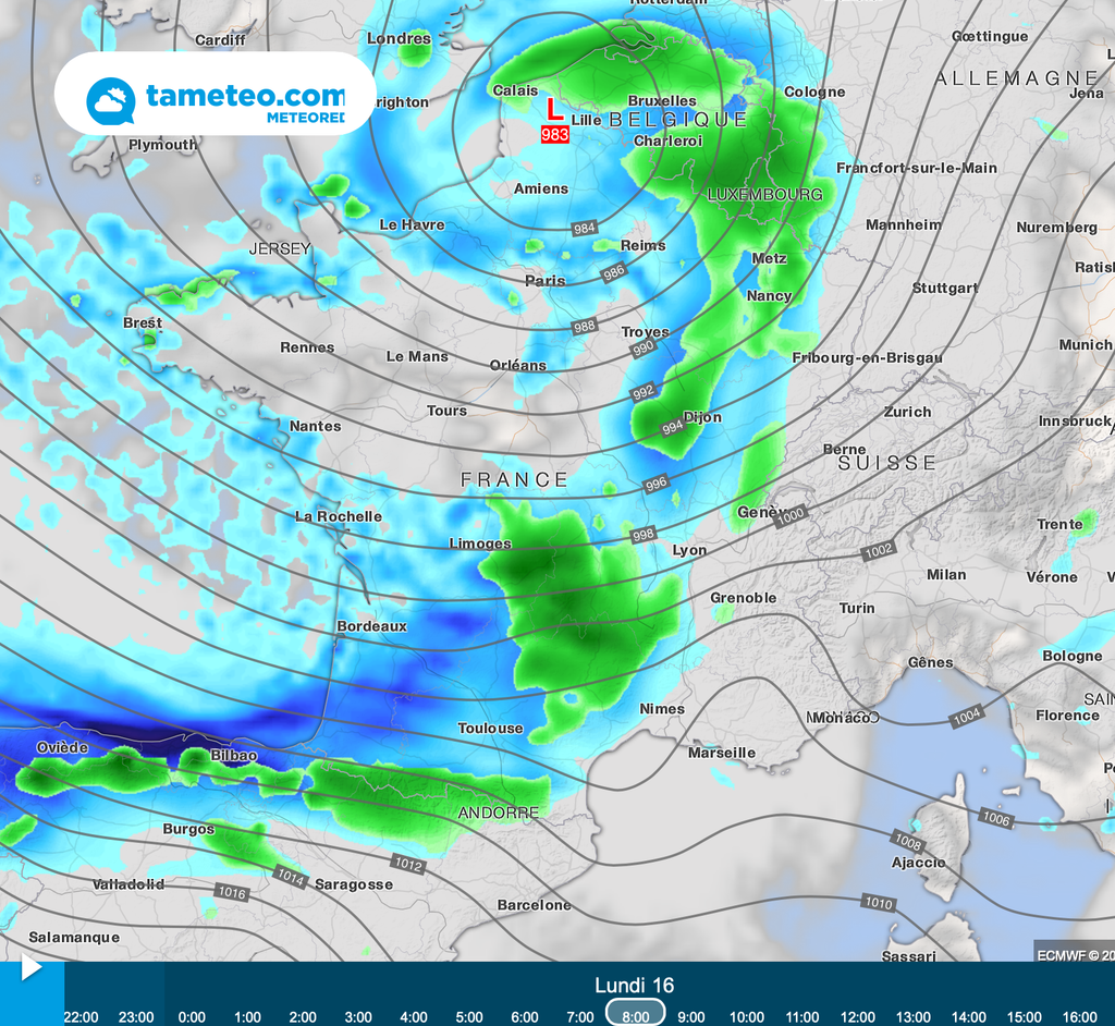 Météo très perturbée pour la journée de lundi avec beaucoup de pluie, chutes de neige localement jusqu'en plaine et vent modéré à fort.