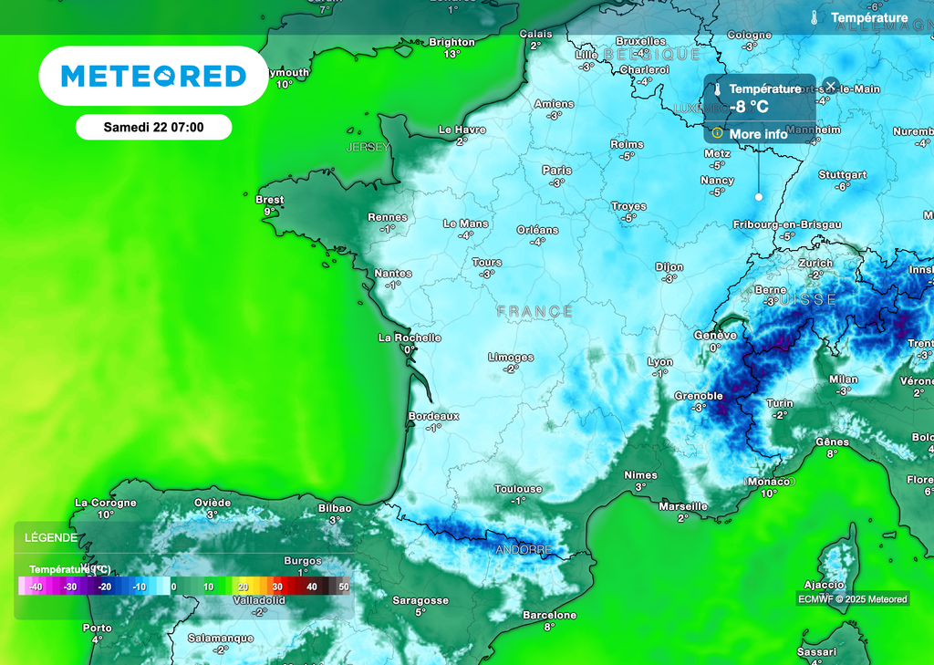 Près de -10 degrés samedi matin dans le nord-est de la France selon le modèle européen. Près de -10 degrés samedi matin dans le nord-est de la France selon le modèle européen.