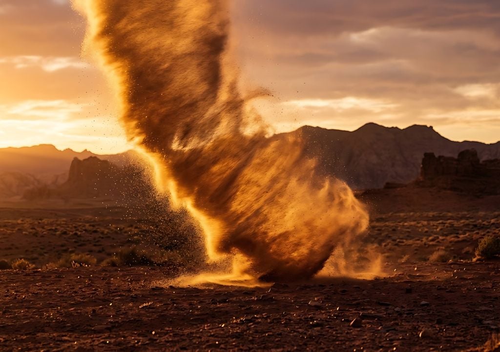 Un enorme vórtice se alza sobre el desierto durante un intenso episodio de tormentas, en una escena tan impactante como poco frecuente.