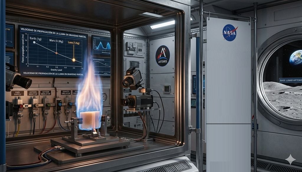 Fuego en la Luna: la NASA en un nuevo desafío científico para comprender la combustión de las futuras naves espaciales. Imagen ilustrativa no realista, generada con IA
