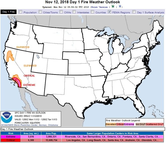Mapa de riesgos de incendios para el 12 de noviembre de 2018. SPC-NWS-NOAA