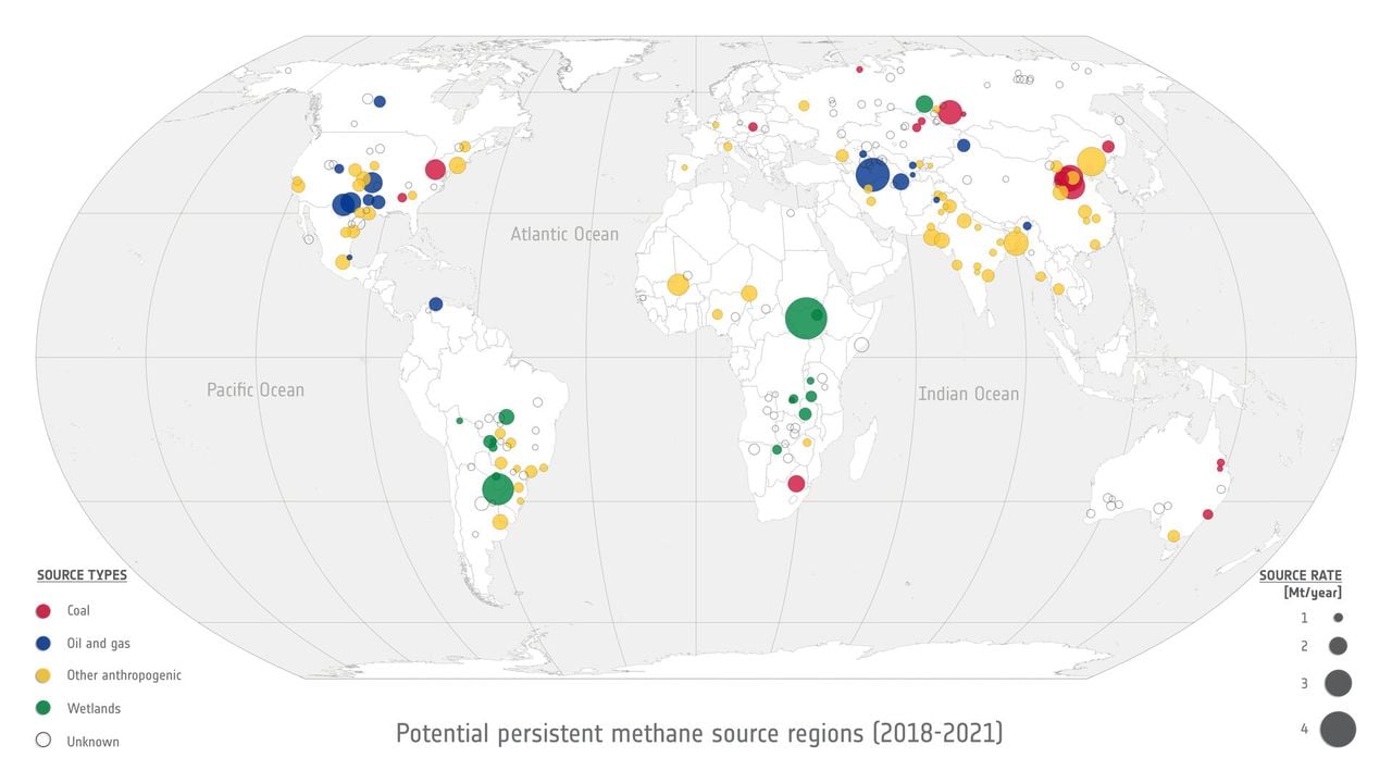 Posibles regiones de fuentes persistentes de metano (2018-2021)