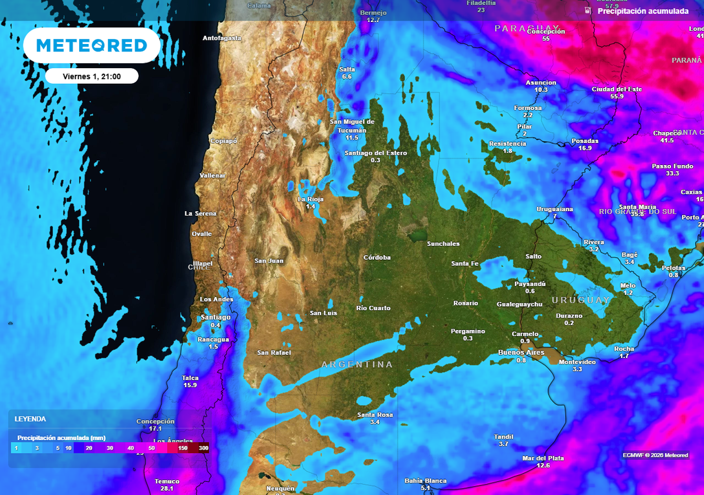 Acumulados de lluvia previstos hasta el próximo viernes según nuestro modelo de referencia ECMWF
