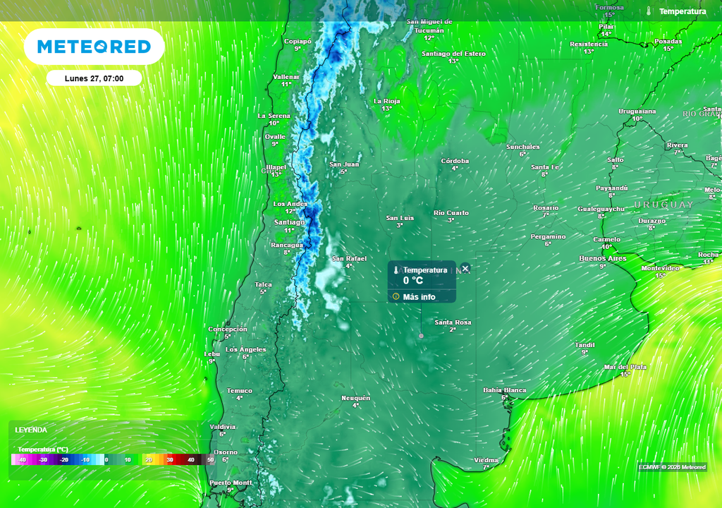 Temperaturas previstas para la mañana del lunes según nuestro modelo de confianza el ECMWF