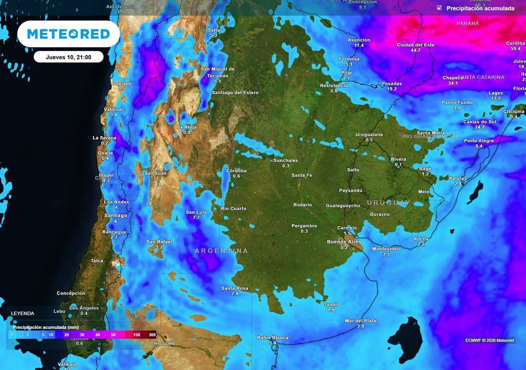 Pronóstico, Clima, Tiempo, Argentina Acumulados de lluvia previstos hasta el próximo jueves según nuestro modelo de referencia ECMWF