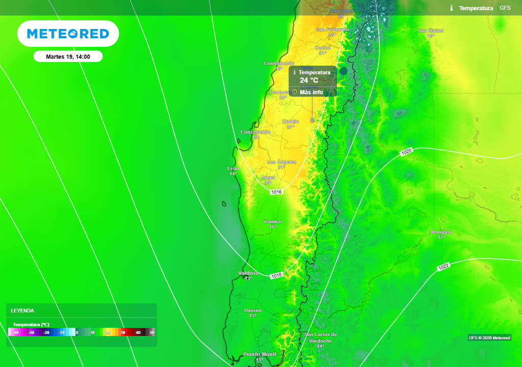 Fuerte oscilaci��n termica en Chile centro-sur, Meteored Temperatura máxima (°C) para el martes (19) en Chile centro-sur.