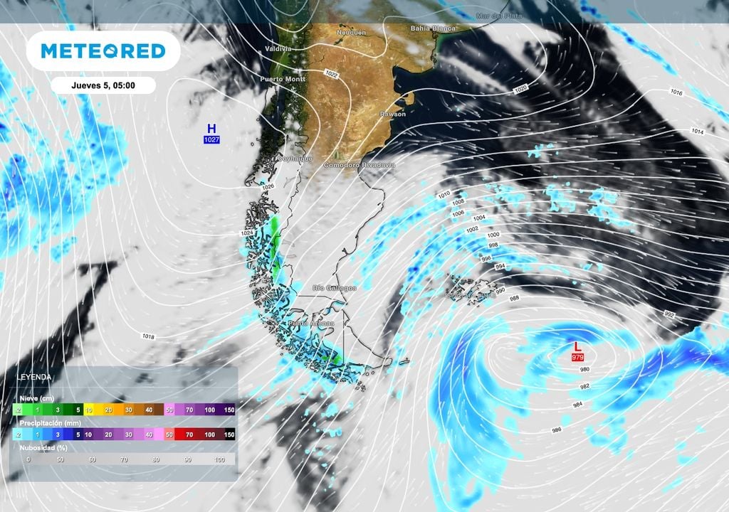 Baja presión Malvinas Un profundo sistema de baja presión ubicado al sur de las islas Malvinas producirá un marcado gradiente de presión en el sur de Santa Cruz y viento intenso.