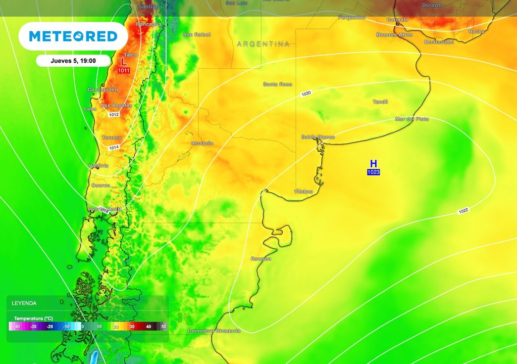 Temperatura norte Patagonia La temperatura en la zona del alto valle del río Negro se ubicará en el entorno de los 25 ºC, mientras que hacia la cordillera se esperan temperaturas agradables para la época del año.