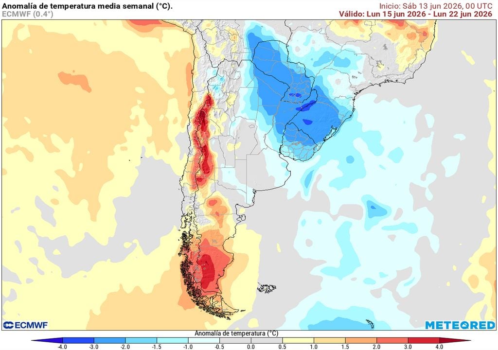 Anomalías de tempe Anomalia de temperaturas previstas para la semana del 15 al 22 de junio en Argentina. Es notorio el enfriamiento en el NEA, y el calentamiento en la Patagonia y el oeste de Cuyo.