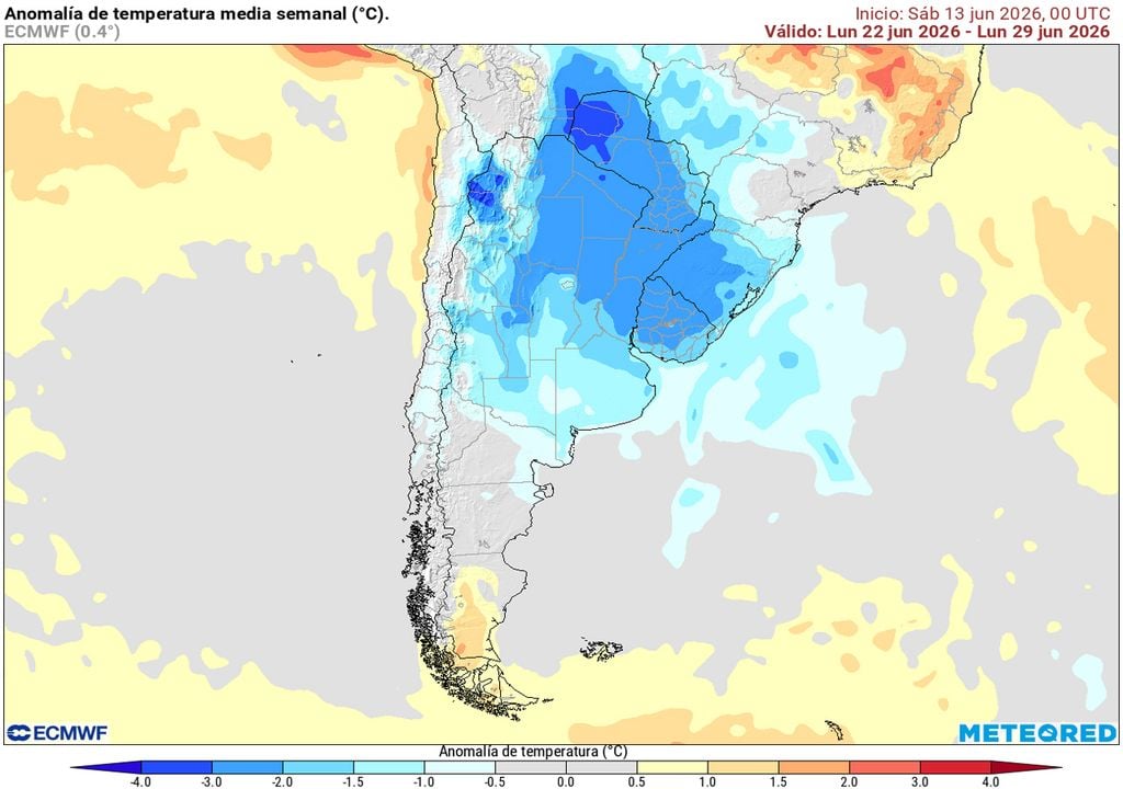 Anomalias T segunda Anomalías de temperatura media semanal en °C, para la semana del 22 al 29 de junio, marcando la nueva entrada de aire frío polar prevista para dentro de una semana.