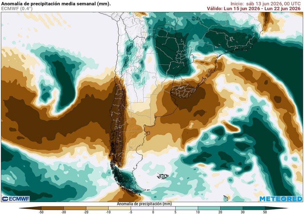 Anomalía de precipitación Anomalía de precipitación en mm, para la semana entre el 15 y el 22 de junio de 2026. En el NEA se esperan más de 50 mm por encima de los valores normales.