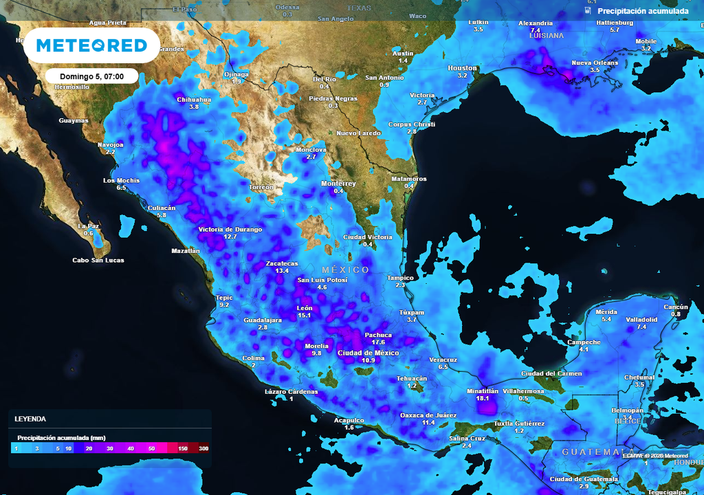 Pronóstico de lluvias acumuladas en milímetros Sábado con tormentas que persistirán en la Sierra Madre Occidental, Bajío-Occidente y Centro-Sur del país superando 30-50 mm; algunas granizadas e inundaciones.