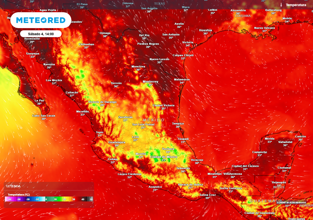 Pronóstico de temperaturas en grados Celsius De 35-45 °C seguirán registrándose al norte de México y en estados costeros, bajo bochorno incómodo, estando más fresco-templado el Altiplano.