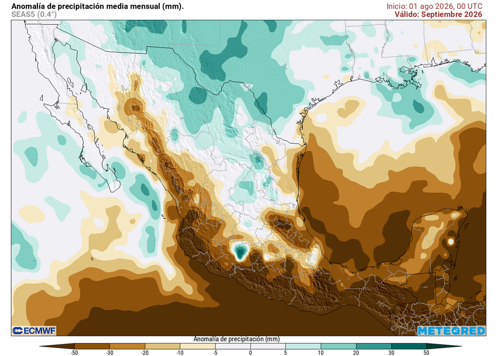 Anomalía de precipitaciones en milímetros Durante septiembre las lluvias irán aumentando gradualmente, siendo notable en esta primera quincena. Aún así, serán menos de lo habitual en el sur, sureste y oriente.
