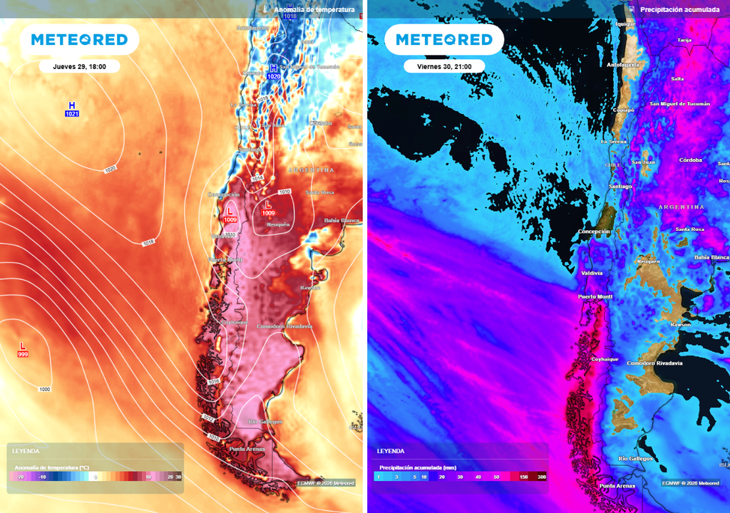 mapas de anomalía de temperaturas y precipitación acumulada Más de 80 mm de lluvias y cerca de 12 ºC por sobre el promedio. El tiempo extremo gana terreno en Chile en la última semana de enero.