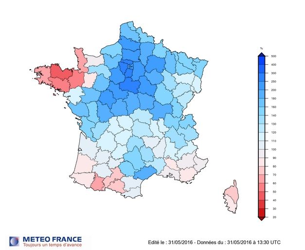 La precipitación de mayo de 2016 en relación con la precipitación media del periodo de referencia 1981-2010 (datos del 31 de mayo, 2016 a 13:30 GMT) © Météo-France