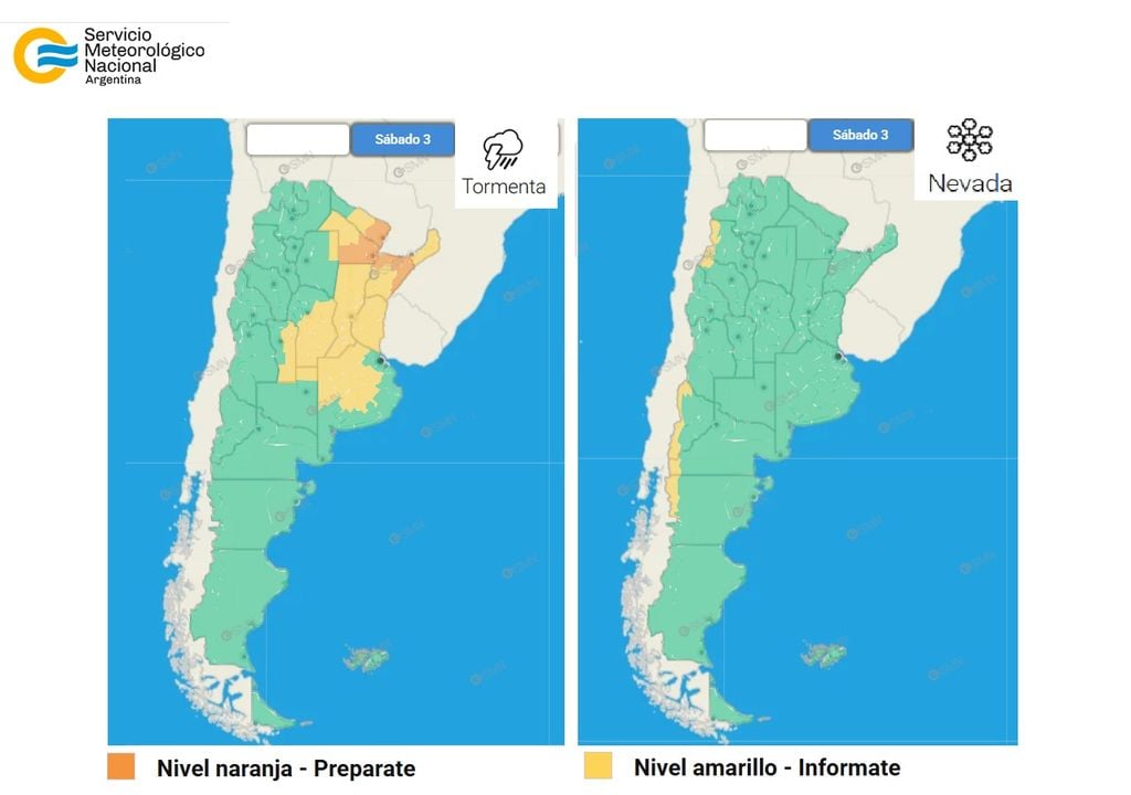 Alertas meteorológicas para este sábado 3 de octubre: a la izquierda por tormentas, a la derecha por nevadas. Créditos: SMN.