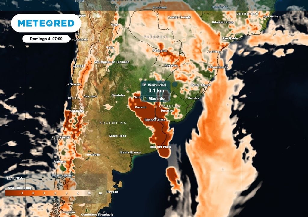 Cesan las lluvias para el domingo 4 en la región Pampeana, pero la humedad persiste y deja bancos de niebla muy densos con importante reducción de la visibilidad, entre la noche del sábado 3 y la mañana del domingo 4.