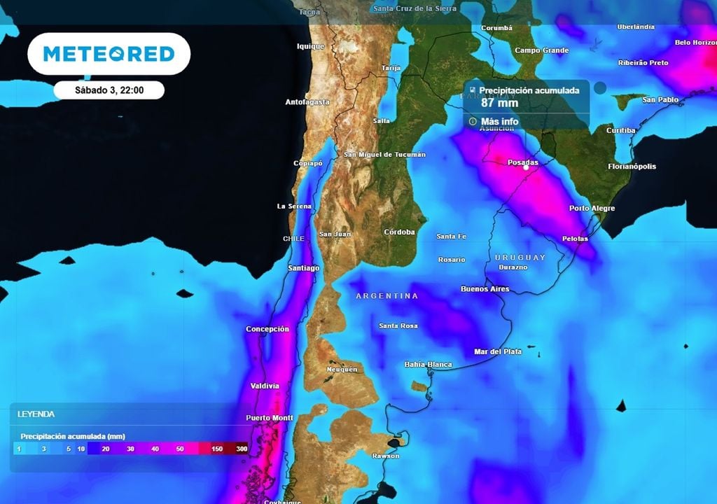Se esperan tormentas fuertes a severas este sábado 3, en parte de Cuyo, Centro y NEA. Se destacan Formosa, Chaco y Corrientes con alerta naranja por acumulados que pueden superar los 90 mm. Modelo GFS