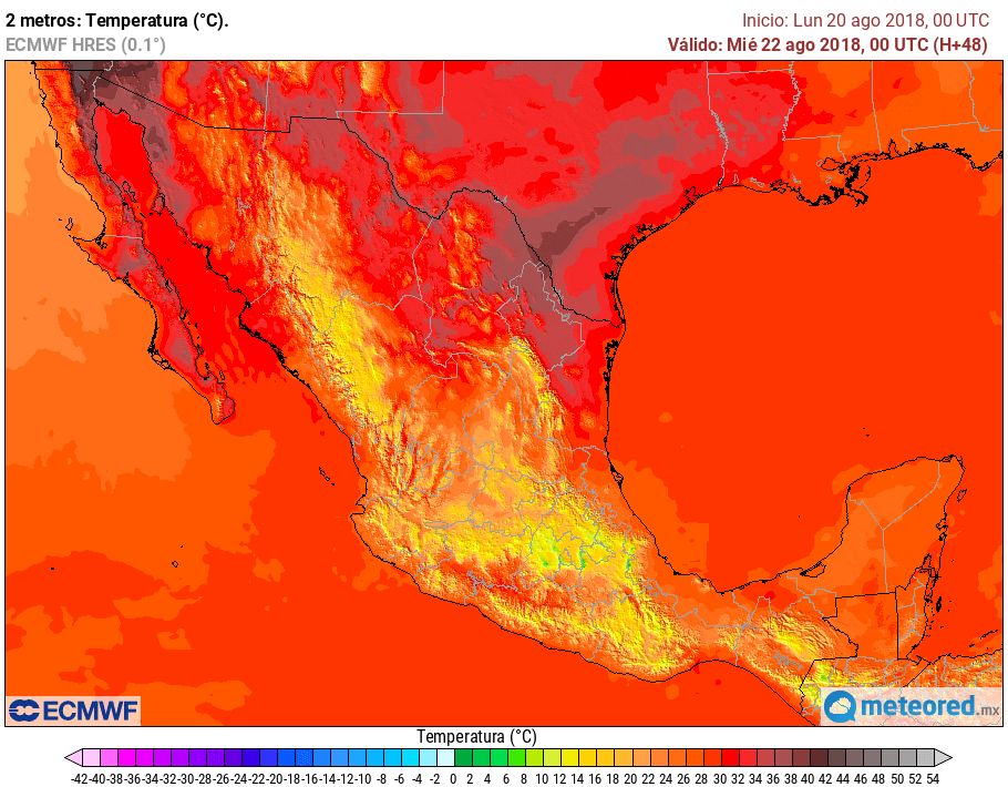 Modelo ECMWF. Temperatura máxima martes 21 de agosto de 2018