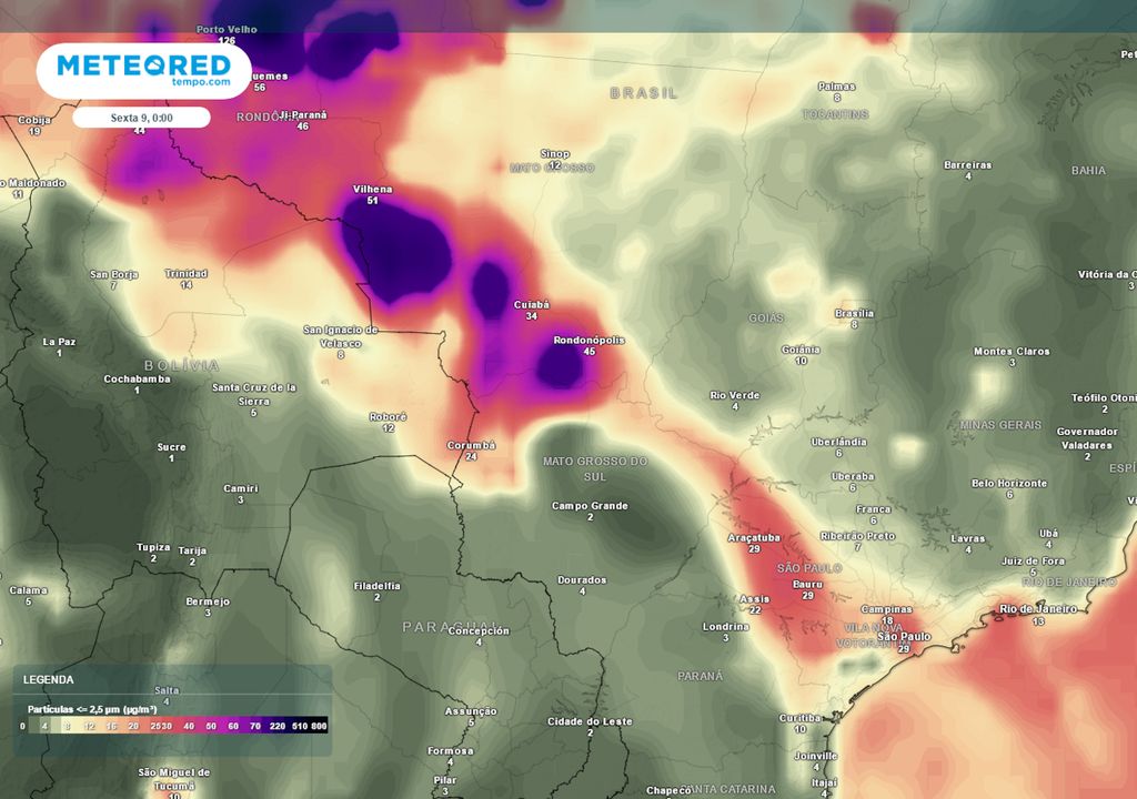 Previsão de concentração de material particulado na atmosfera durante a sexta-feira. Previsão de concentração de material particulado na atmosfera durante a sexta-feira.