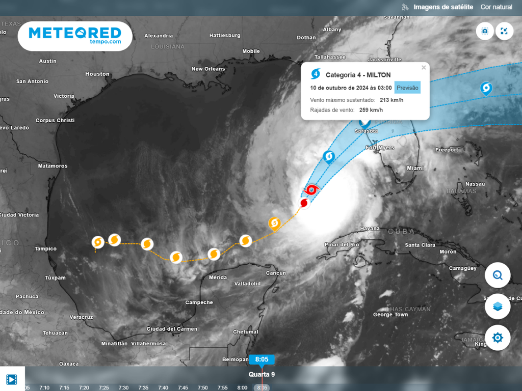 imagem de satélite, furacão Milton, previsão