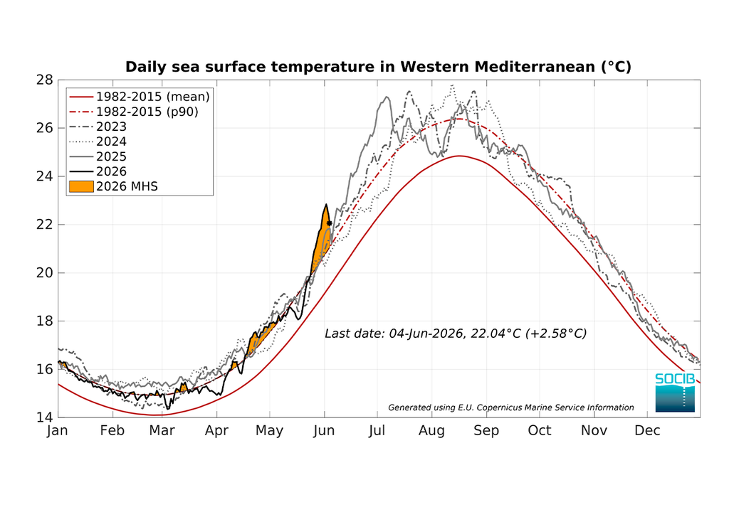 El Mediterráneo occidental ha registrado valores inéditos para estas fechas desde que hay registros. Lo preocupante es el incremento observado en la temperatura del mar desde 2022.