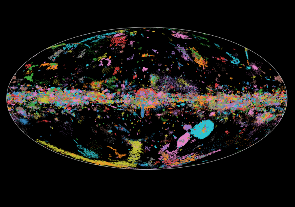 Mit der Anwendung des AstroLink-Clustering-Algorithmus auf über eine Milliarde Sterne konnten 7410 verschiedene Sternengruppen in der Milchstraße ermittelt werden. Bild: William Oliver, Tobias Buck