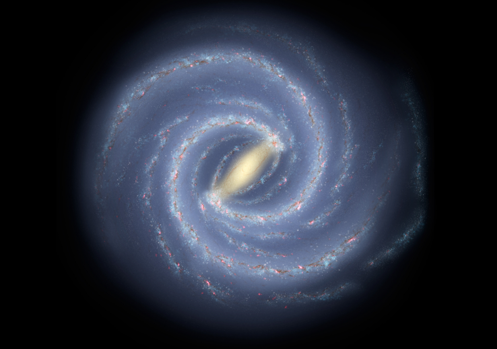 Die künstlerische Darstellung zeigt die Struktur der Milchstraße, einschließlich der Lage der Spiralarme und anderer Komponenten wie der Ausbuchtung. Bild: NASA/JPL-Caltech/ESO/R. Hurt