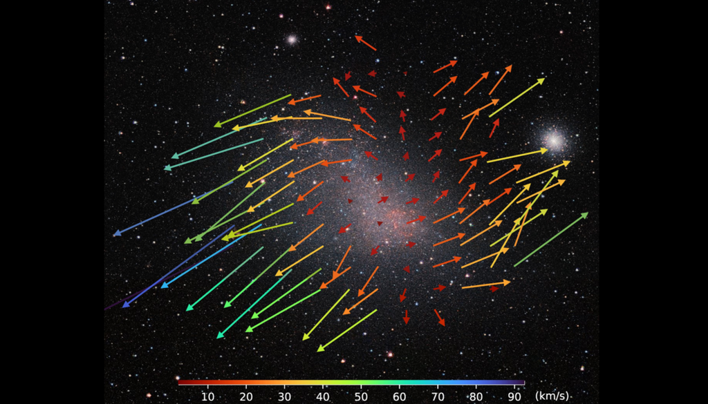 Die Kleine Magellansche Wolke, aufgenommen mit dem VISTA-Teleskop. Die Pfeile zeigen die Bewegung der Sterne vom Zentrum der Galaxie weg und lassen ein großräumiges Expansionsmuster erkennen. Bild: ESO/VISTA VMC/AIP/S. Vijayasree