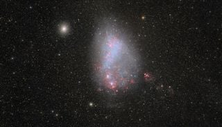 Galaktisches Tauziehen: Nachbargalaxie wird von ihrer gr&ouml;&szlig;eren Begleiterin auseinandergezogen
