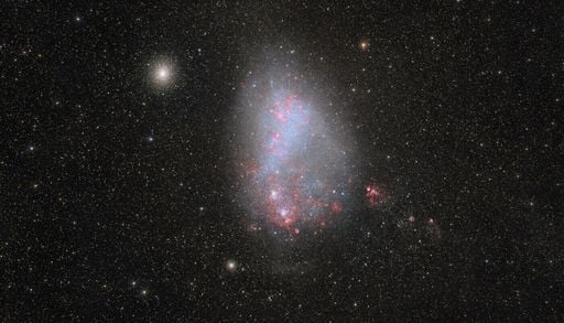 Galaktisches Tauziehen: Nachbargalaxie wird von ihrer gr&ouml;&szlig;eren Begleiterin auseinandergezogen