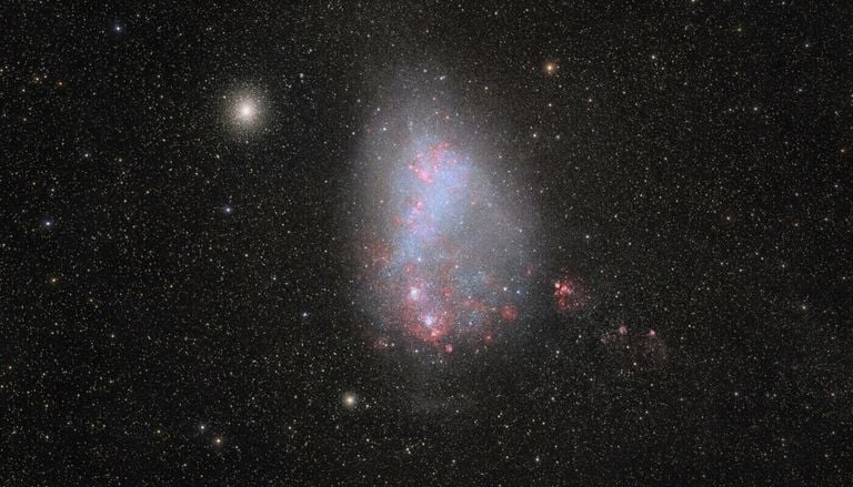Galaktisches Tauziehen: Nachbargalaxie wird von ihrer gr&ouml;&szlig;eren Begleiterin auseinandergezogen