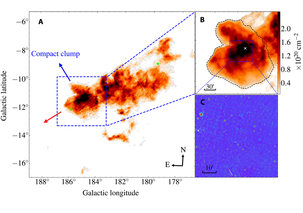 La nube de gas de alta velocidad está cerca de la parte más externa de la Vía Láctea e indica que puede estar asociada a una galaxia formada por materia oscura. Crédito: Liu et al. 2025 La nube de gas de alta velocidad está cerca de la parte más externa de la Vía Láctea e indica que puede estar asociada a una galaxia formada por materia oscura. Crédito: Liu et al. 2025