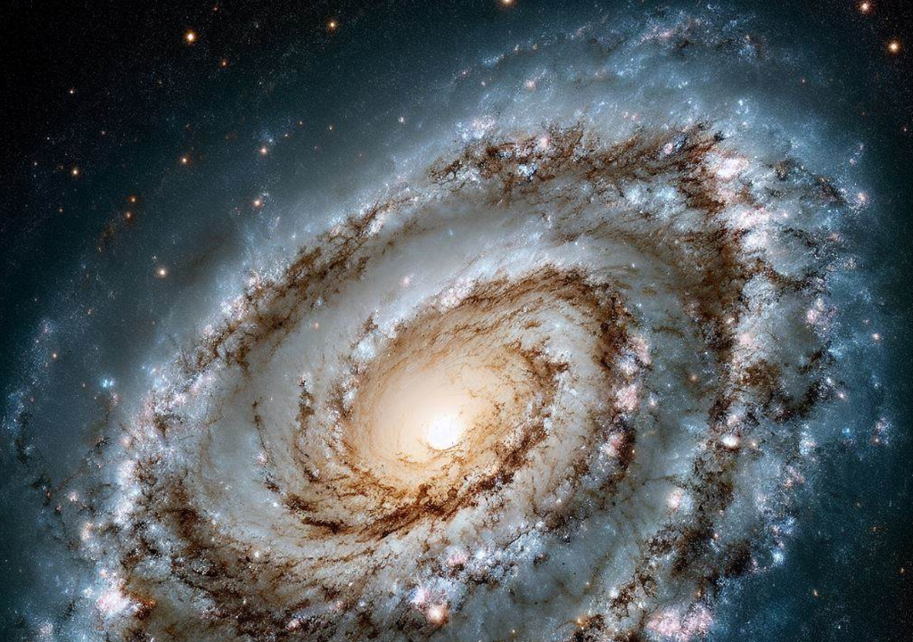 Ein von künstlicher Intelligenz erzeugtes Bild der Galaxie ceers-2112, die der Milchstraße ähnelt und vom JWST entdeckt wurde. Credit: DALL-E3/Bing
